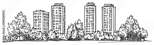 panoramic sketch of high rise tower blocks in a green park setting