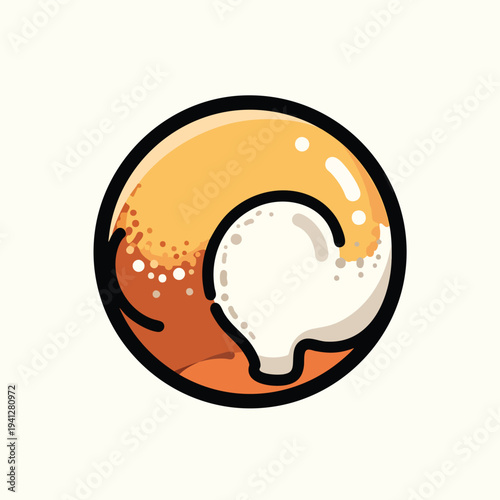 A cartoon graphic of a stylized fried egg with a dark outline. The yolk is a gradient orange, and the white has black outline
