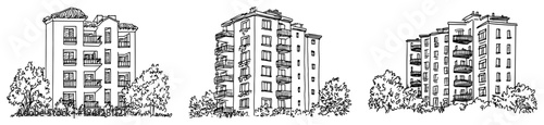 Collection of detailed architectural sketches of multi story residential buildings with trees