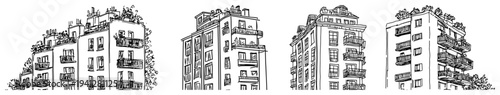 Set of hand drawn apartment building sketches with balconies and roof terraces