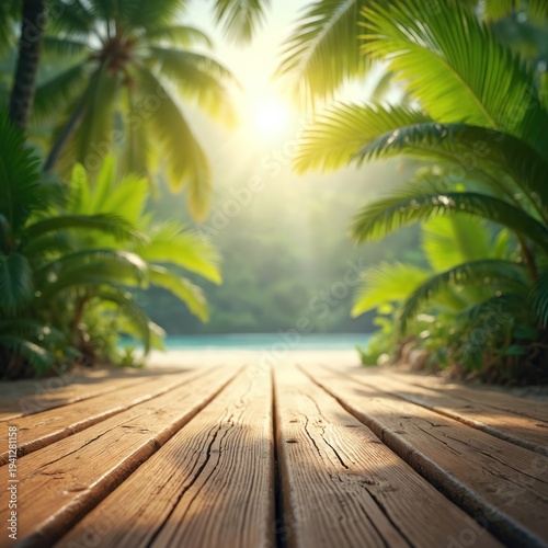 Wooden deck on tropical beach with palm trees. Sunny day at ocean shore with clear blue water. Empty space for copy, relaxing vacation scene.
