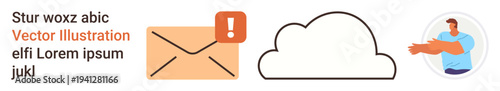 Communication, technology, data storage, digital platforms, user interaction, notification systems. Envelope with alert icon, cloud symbol and user profile. Communication and technology concept