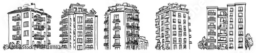 Set of various urban residential apartment block sketches in a hand drawn architectural style