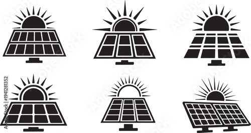 Solar panels with sun icons in black and white