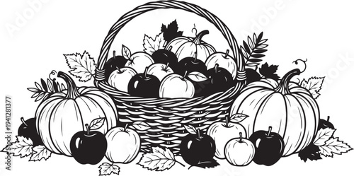 Harvest basket filled with pumpkins and apples illustration