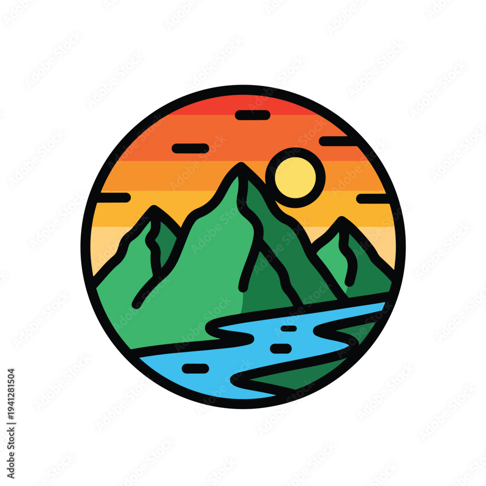 Obraz premium Vibrant Mountain Landscape Vector Illustration with River and Sunset Sky Emblem