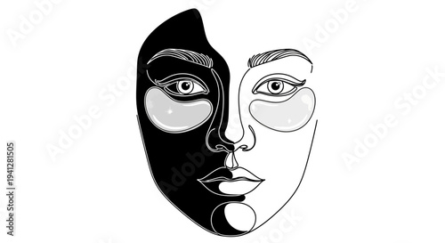 Split Face Line Art with Eye Patches - Black and White Contrast