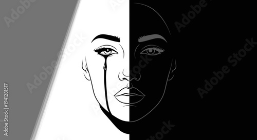 Split Face Portrait: Sadness and Light vs. Darkness, Emotional Contrast