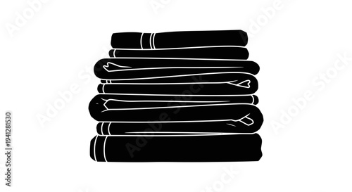 Stack of Folded Black Towels, Clean Laundry, Home Textile, Isolated on White Background