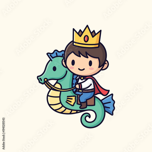 A cartoon illustration depicts a prince wearing a crown and riding a seahorse. He has a red cape.  The seahorse has a yellow saddle