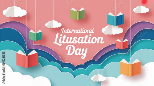 International literacy day poster with colorful books and clouds on pink background