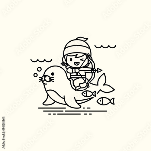 A cartoon drawing shows an archer riding a seal in the ocean. Two fish swim alongside, with stylized waves
