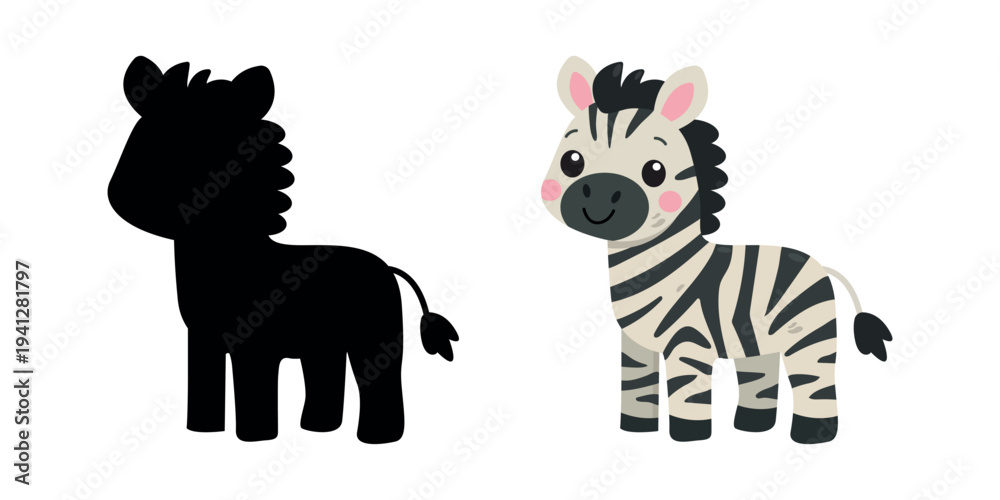 Obraz premium Cute baby zebra cartoon with shadow silhouette for kids educational game