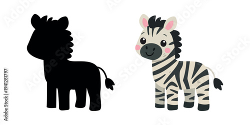 Cute baby zebra cartoon with shadow silhouette for kids educational game