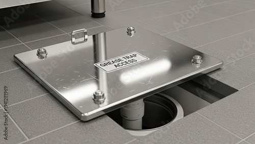 Stainless steel grease trap access cover, partially open, on tiled floor, with pipe visible