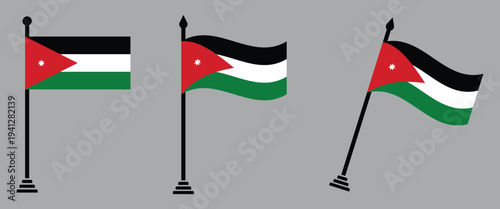 Jordan Flag Set National Flag of Jordan on Flagpole in Flat, Waving and Slanted Style Vector