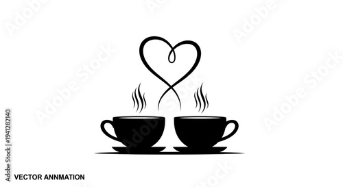 Romantic Coffee Cups with Heart Steam Vector Illustration
