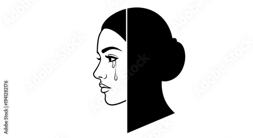 Sad Woman Crying, Split Face Profile, Emotional Distress, Mental Health, Grief, Sorrow