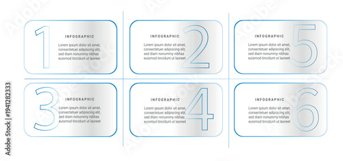 6 steps business infographic template, modern grid layout with large outline numbers and text placeholders for data visualization