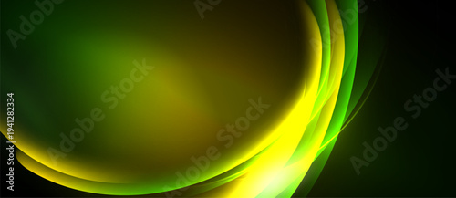 Abstract vibrant curves, yellow, green hues blend. Smooth gradients create dynamic flow, modern design element. Dark background emphasizes luminosity.