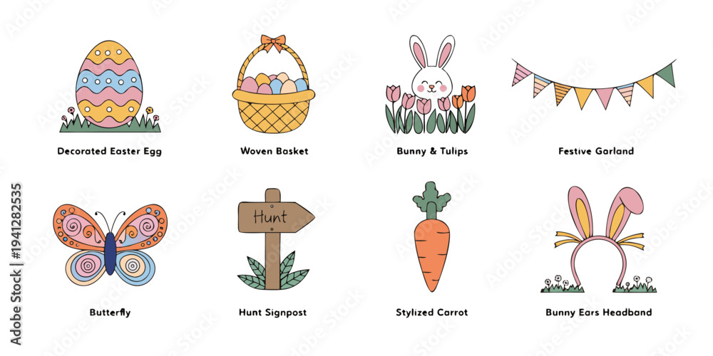 Fototapeta premium A colorful Easter-themed vector graphic illustration featuring various festive icons