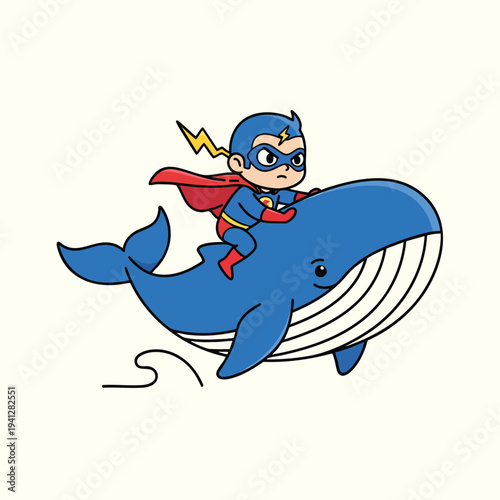A cartoon depicts a superhero in a blue suit and mask riding a large blue whale. The hero wears a red cape