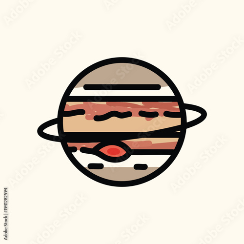 A cartoon depiction of a planet with bands of brown and reddish hues with a red spot. It has two rings around it