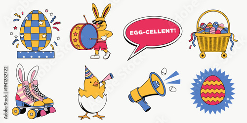 A colorful Easter-themed vector graphic illustration featuring various icons and symbols