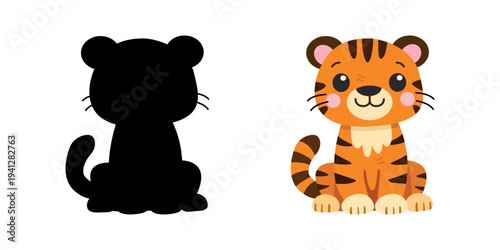 Cute baby tiger cartoon with shadow silhouette for kids educational game