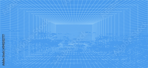 3d wireframe grid room. 3d perspective laser grid 16 9.. Cyberspace blue background with white mesh. Futuristic digital hallway space in virtual reality. Vector illustration.