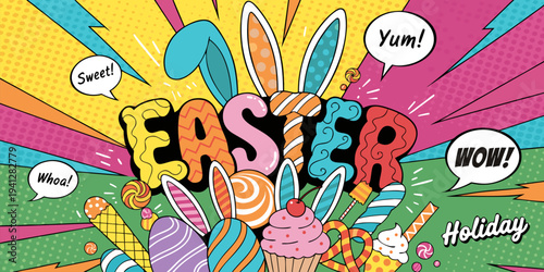 A colorful Easter-themed vector graphic with candy and bunny ears