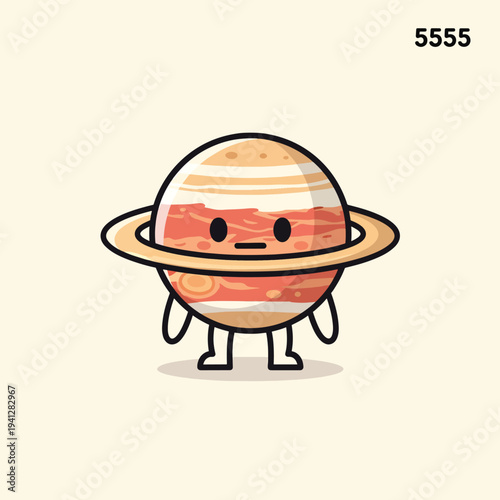 A cartoon depiction of a planet with rings, featuring a cute, simple design with a neutral expression and simple limbs