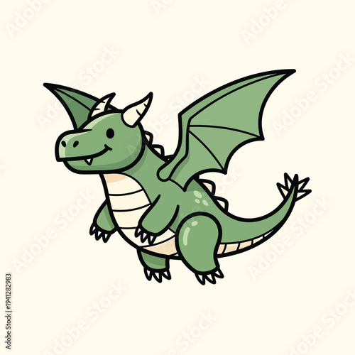 A cartoon green dragon with black outlines, wings, horns, and a long tail, poses on an off-white background with a slight shadow
