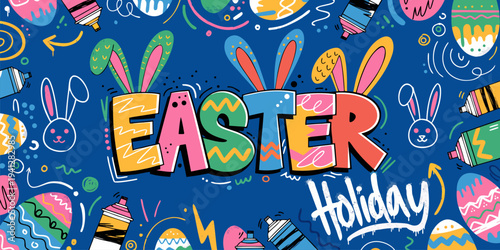 A colorful Easter holiday illustration with cartoon bunnies and eggs on a blue background