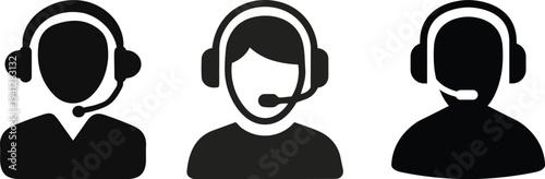 Call center agent with headset icon set. 24 7 customer support service concept. Online assistance, helpdesk operator sign. Telemarketing, technical consultation symbol.Support service icon,