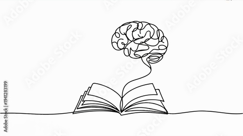 Brain emerging from open book symbolizing knowledge and learning education concept simple line drawing
