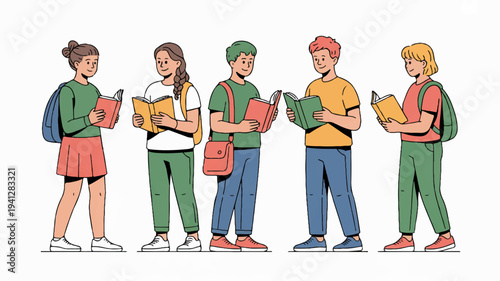 Diverse group of five students standing and reading books while wearing casual clothes and backpacks