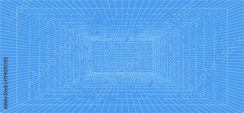 3d wireframe grid room. 3d perspective laser grid 16 9.. Cyberspace blue background with white mesh. Futuristic digital hallway space in virtual reality. Vector illustration.