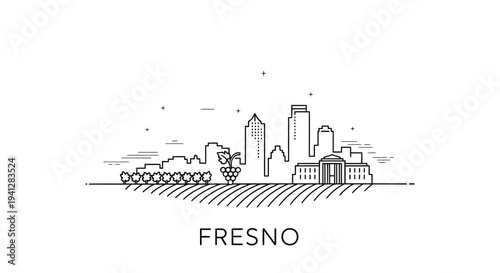 Fresno Skyline Vector Illustration with Grapes and Agriculture Elements