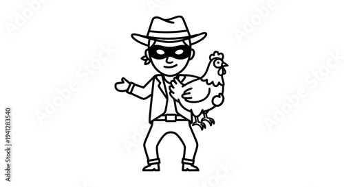 Funny Cartoon Thief in Mask and Hat Stealing a Chicken, Vector Illustration