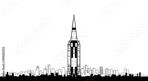 Giant Rocket Launching Over City Skyline Silhouette