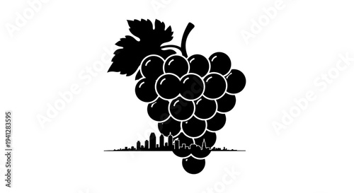 Grape bunch silhouette over city skyline, wine country concept