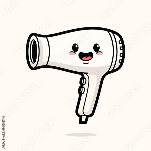 A cartoon hair dryer with a happy face, rosy cheeks, and black outlines. It is floating with a slight shadow