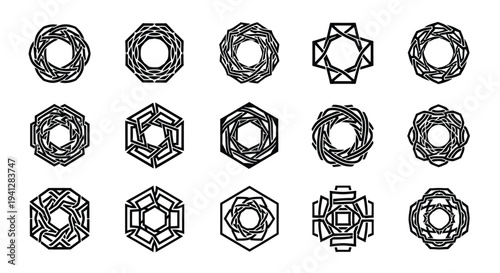 Set of intricate black and white geometric nut designs on white background for industrial or engineering concepts
