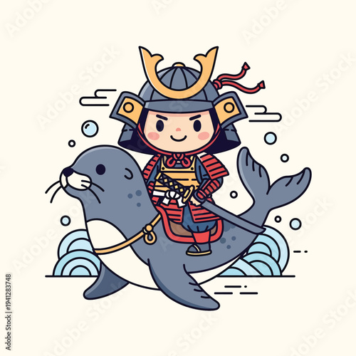 A cartoon illustration depicts a small samurai character riding a seal, set against a light background with bubbles and decorative water