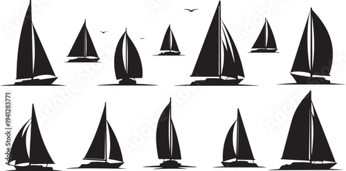 Sailboats on water in various directions and positions illustration
