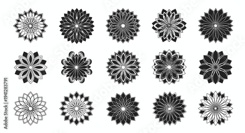 Set of intricate black and white floral mandala designs on white background for decoration and graphic use
