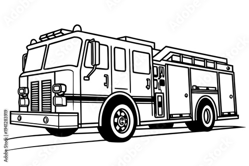 Simple Fire Truck Line Drawing Coloring Page, Black and White Vector Art