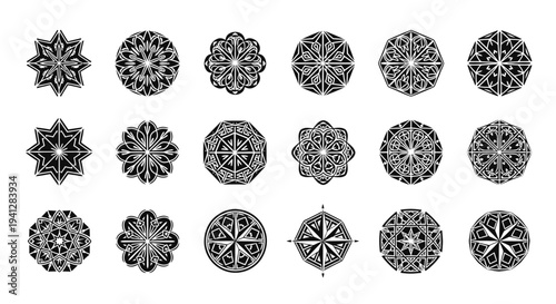 Collection of intricate black and white mandala designs on clean white background for decorative use