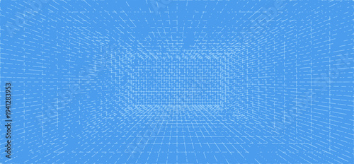 3d wireframe grid room. 3d perspective laser grid 16 9.. Cyberspace blue background with white mesh. Futuristic digital hallway space in virtual reality. Vector illustration.